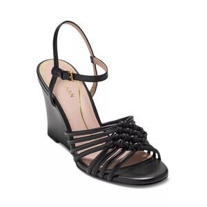 Cole Haan Women's Jitney Knot Black Leather Strappy Ankle Strap Wedge Sandals